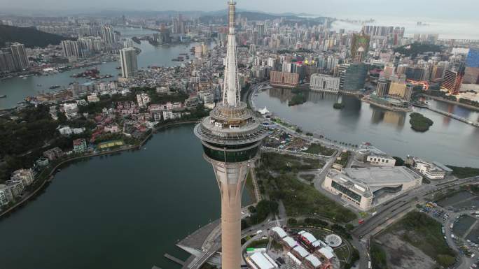 原创 澳门旅游塔地标建筑航拍城市风光