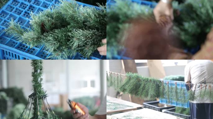 义乌工厂作坊圣诞树生产过程扎枝手工生产