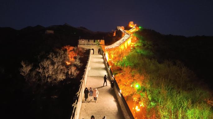 航拍北京延庆八达岭长城夜景