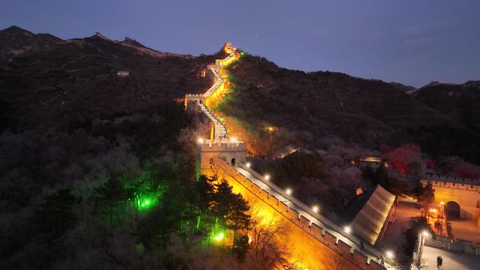 航拍北京延庆八达岭长城夜景