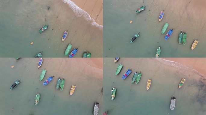 4K航拍海边沙滩渔船——俯拍高清2023