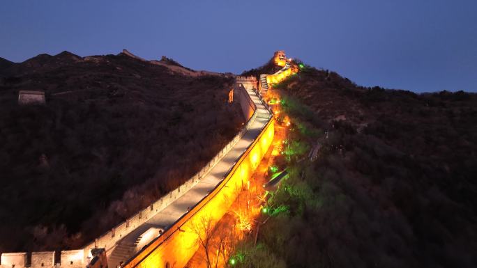 航拍北京延庆八达岭长城夜景