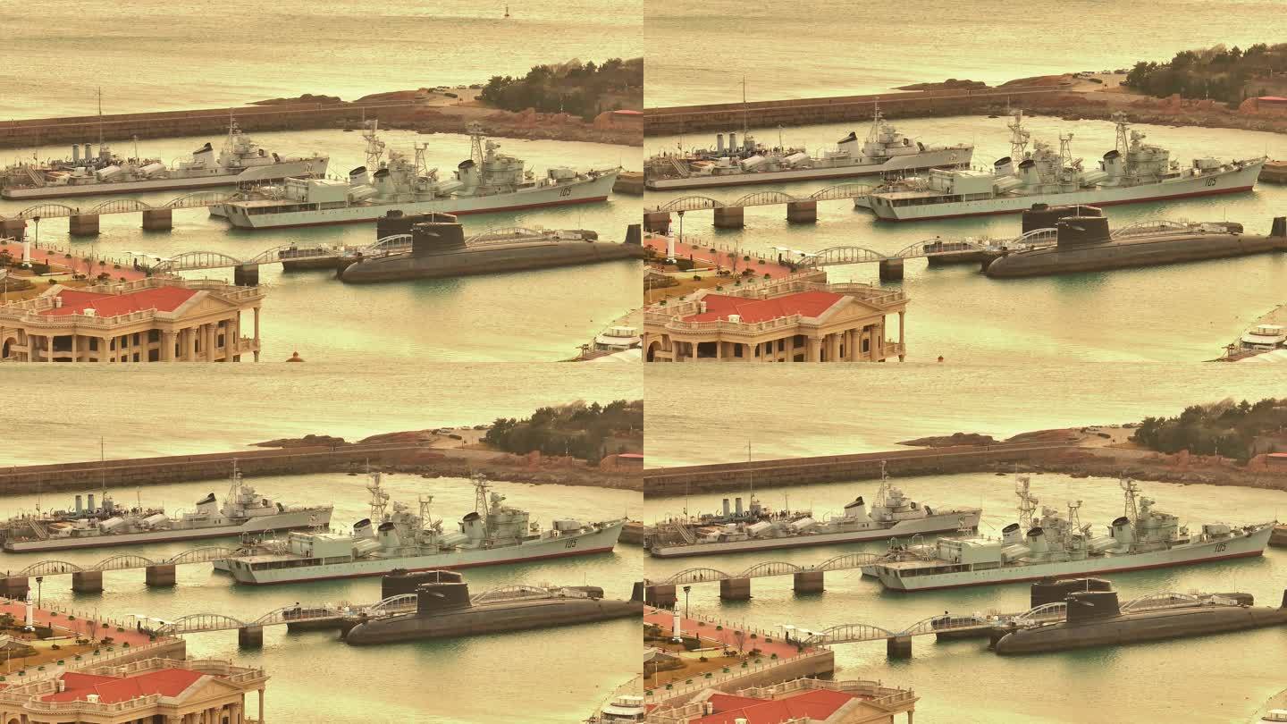 青岛海军博物馆日落夕阳下的军舰