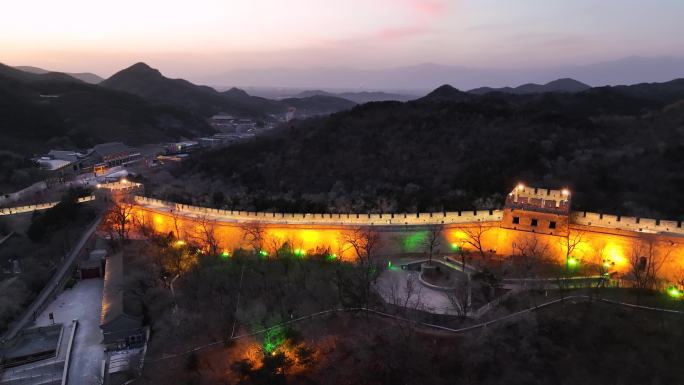 航拍北京延庆八达岭长城夜景