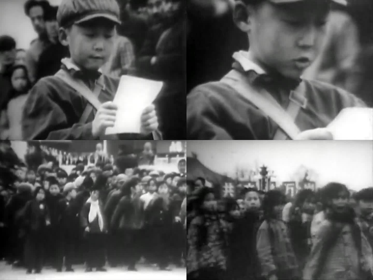 70年代小学生向纪念碑敬献花圈