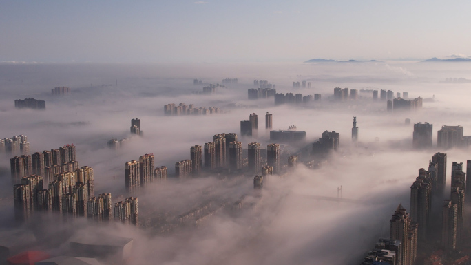 大雾城市航拍 云海 大雾天气