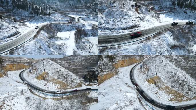 航拍雪山公路婚礼车队运输爬坡素材