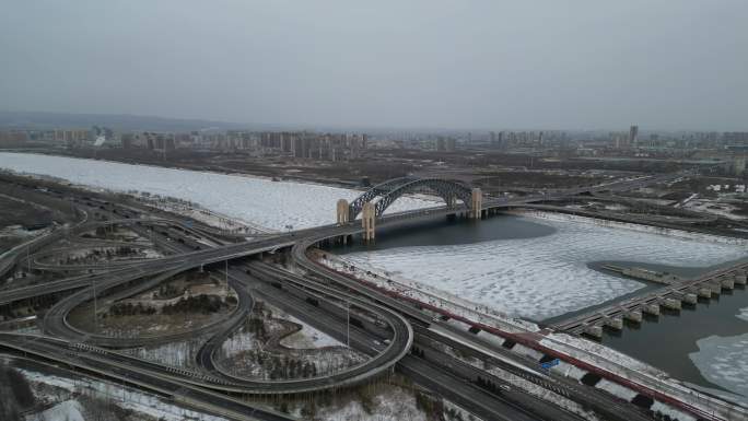 航拍山西太原汾河晋阳桥大雪雪景