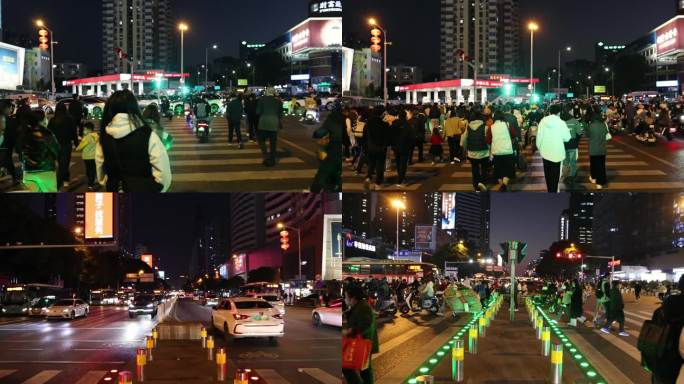 城市夜晚斑马线红绿灯人行道