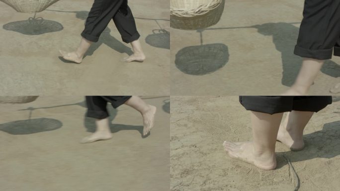 赤脚走路光脚挑担走路-原始灰度素材多镜头