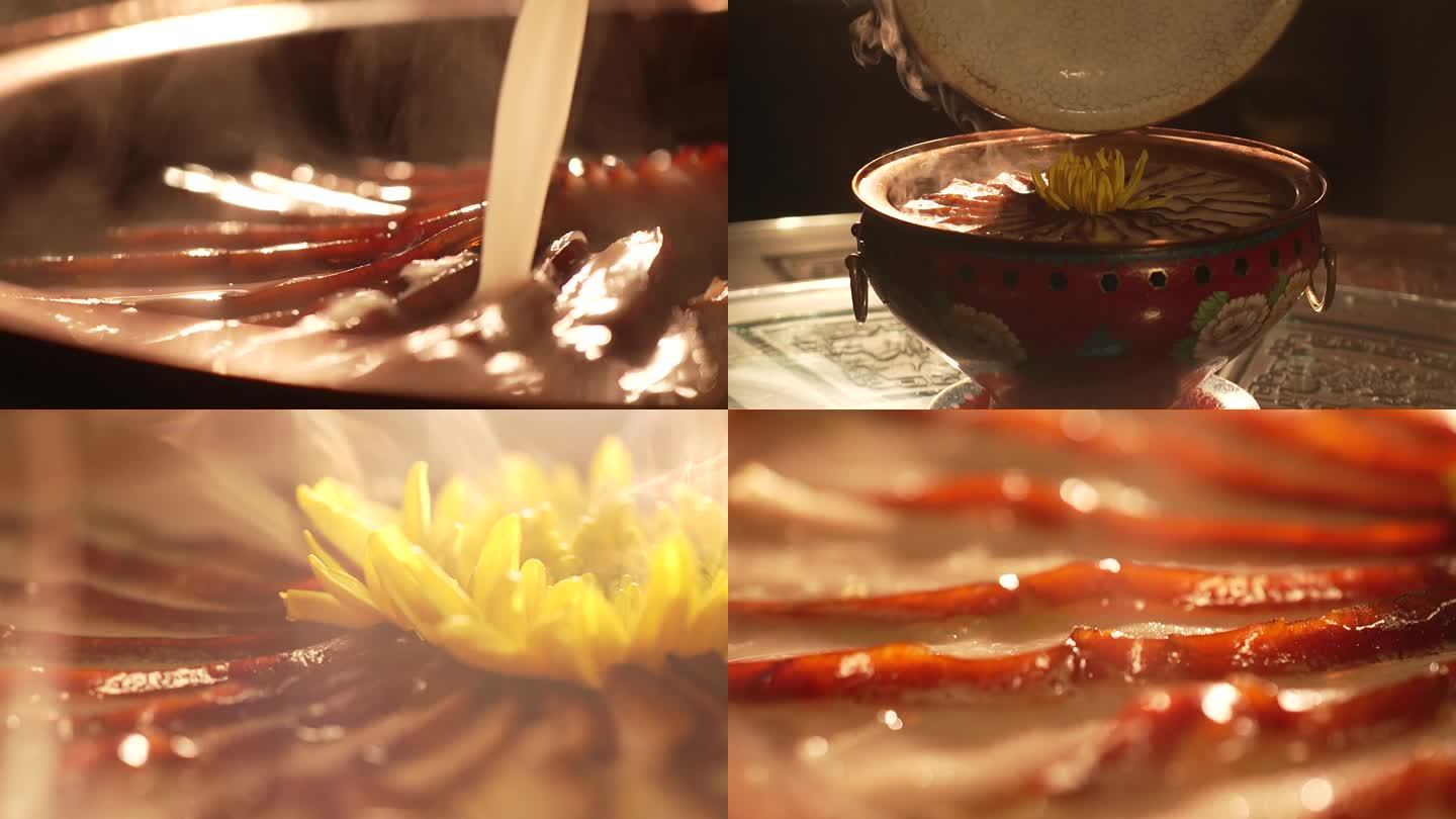 满族宫廷菜-菊花酸菜炉肉暖锅 高速摄影