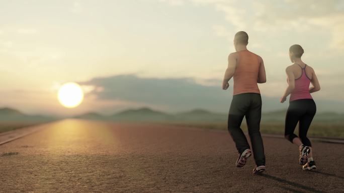 男女双人跑步迎着太阳跑努力奔跑4K