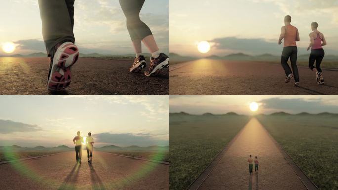 男女双人跑步迎着太阳跑努力奔跑4K