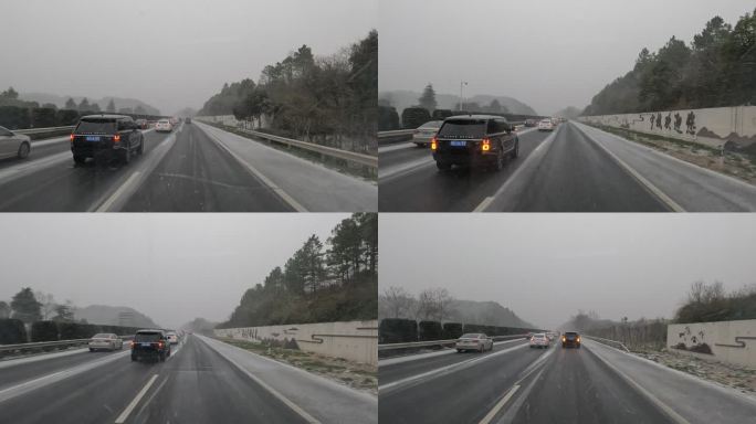 汽车在大雪中高速公路上行驶