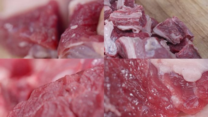4K视频-切牛肉肉块肉丁微距特写