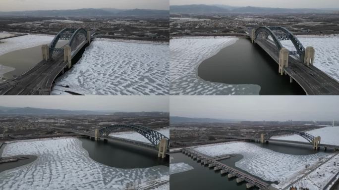 航拍山西太原晋阳桥大雪甩尾延时