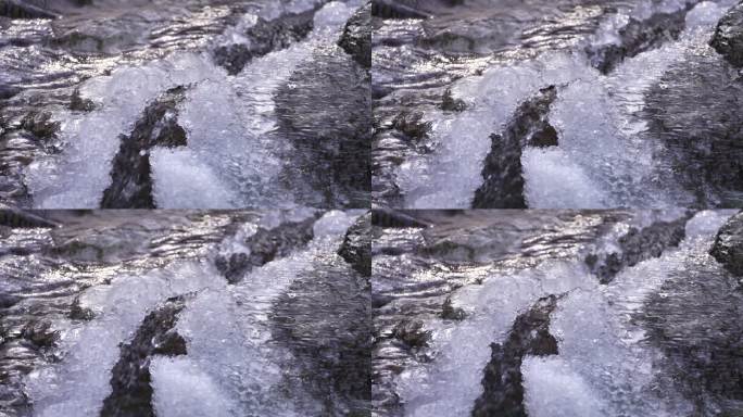 冬天春天岩石冰冻溪水泉水冰挂融化清澈山泉