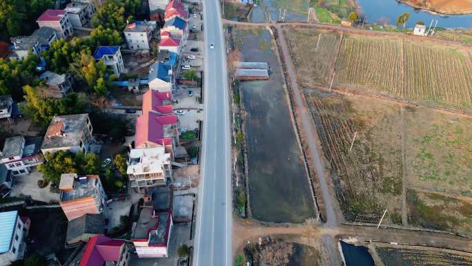 d-018航拍乡村公路田野丘陵楼房民房