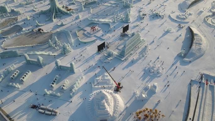 航拍哈尔滨冰雪大世界 冰雕 冰雪大世界