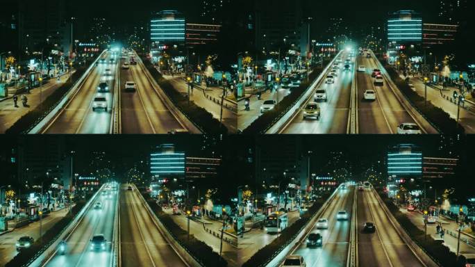 夜晚城市桥上视角拍的车流空镜头1080p