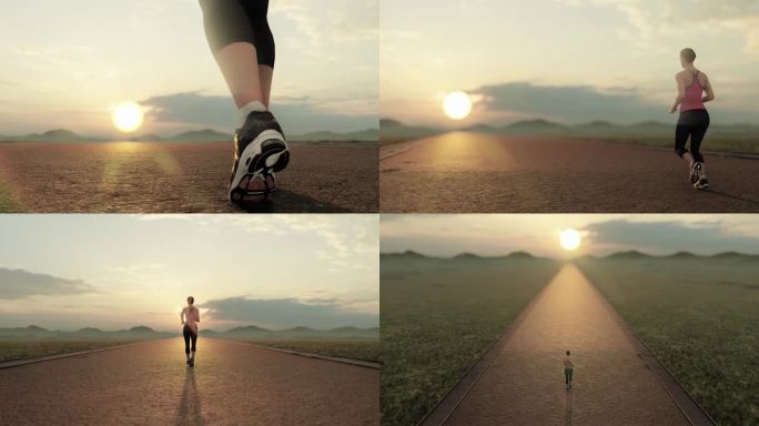 女子跑步迎着太阳跑努力奔跑4K