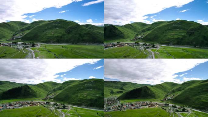 山间村落小镇绿色蓝天白云大自然风景航拍