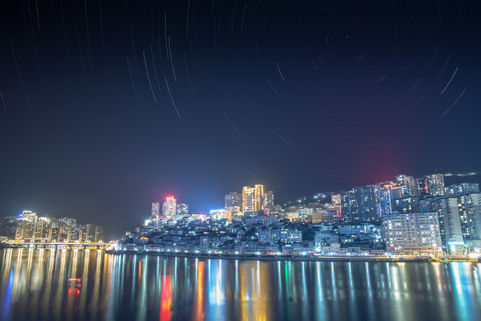 紫阳县城夜景星空星轨及夜转日