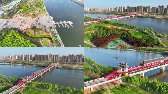 咸阳湖渭河古渡廊桥航拍4K素材
