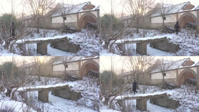 雪中的小桥，萧条农村下雪