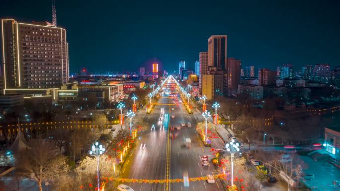 聊城东昌路夜景航拍延时