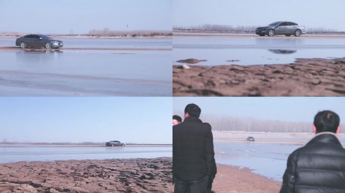 冬季黄河浅滩水中飙车激起水花群众围观观赏