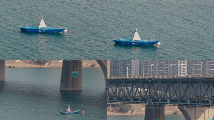 水文探测船在湘江中飘荡 小船飘荡在江中
