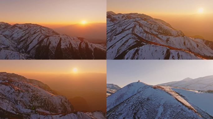 日落时分金黄色的雪山山峰晚霞峡谷航拍