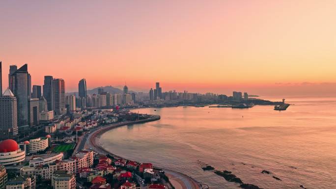 山东青岛滨海城市风景日出黄昏航拍全景