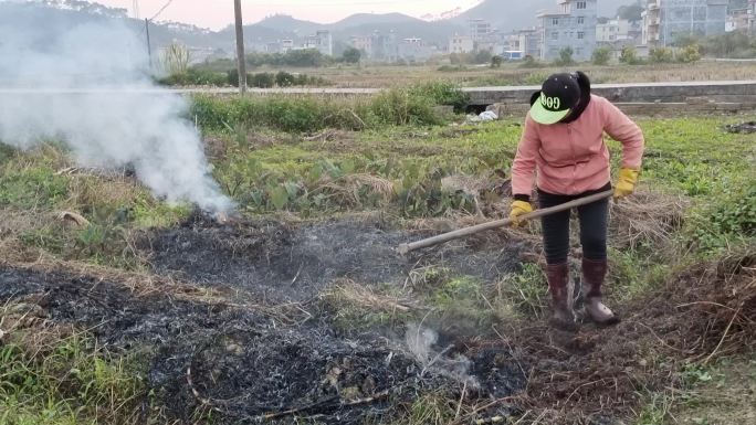 晚归农妇剪影农村春耕锄地开田间劳作背影