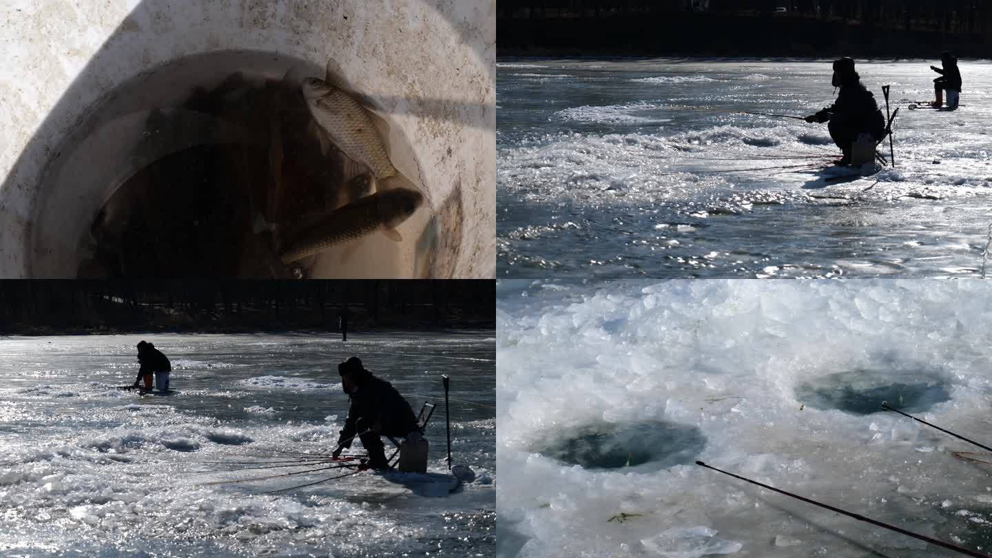 冬天冰面钓鱼