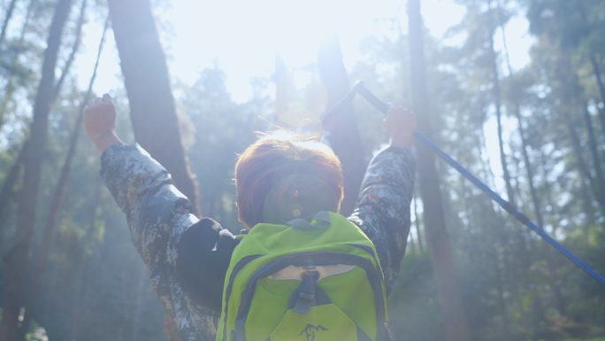 登山爱好者徒步旅行穿过森林举手欢呼希望光