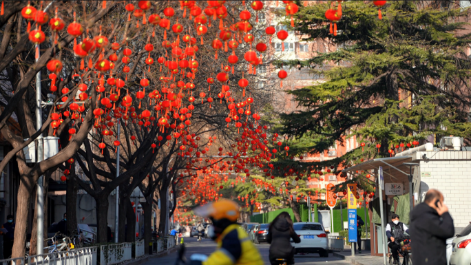 城市新年街道红灯笼年味城市年味