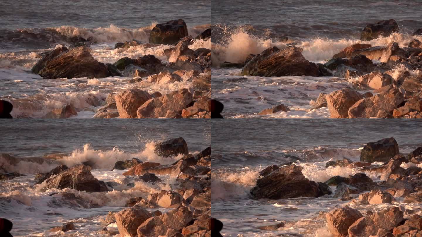 海浪拍打礁石浪花大海海水慢镜头