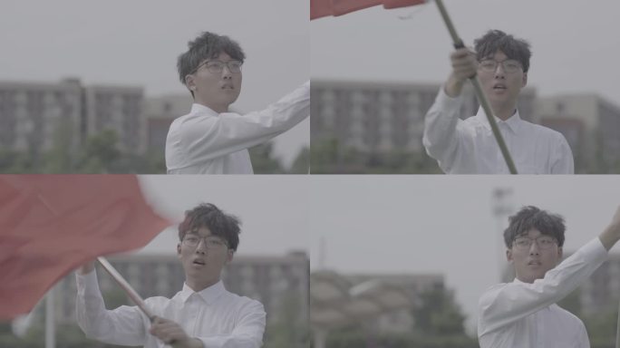 【4K灰度】男生挥动旗帜舞动党旗