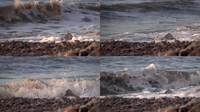 大海海边岸边大浪激起的水花慢镜头