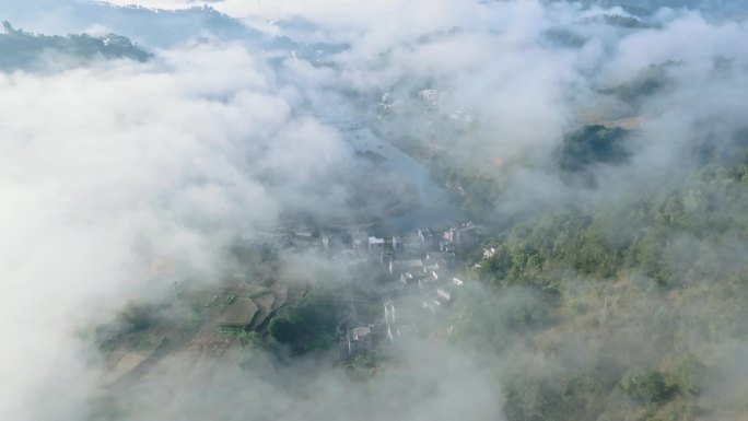 大雾笼罩下的美丽乡村