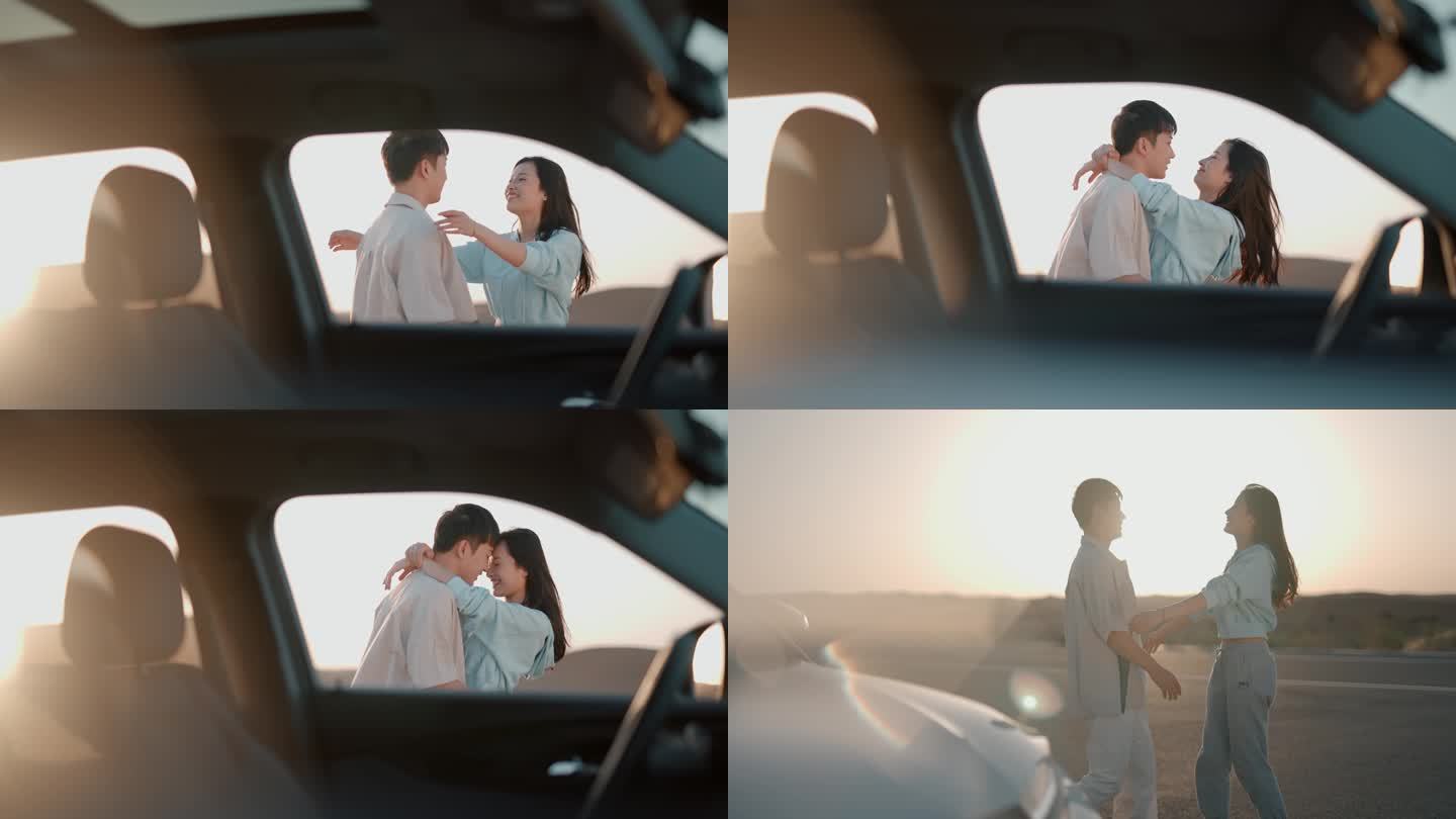年轻情侣在车旁拥抱-蓝牛仔影像-中国原创广告影像素材