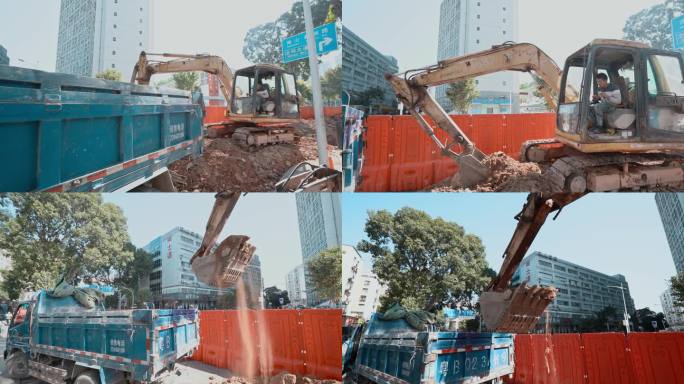 市政建设城市改造挖机装土渣土车