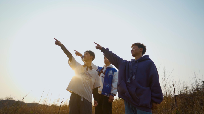 一群少年山顶眺望举手指向远方希望的方向