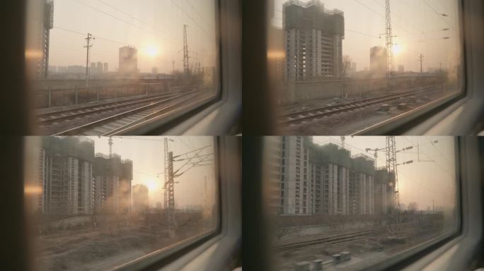 火车车窗外阳光，铁轨