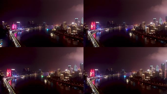 城市空镜 过江大桥 灯火辉煌 夜景航拍