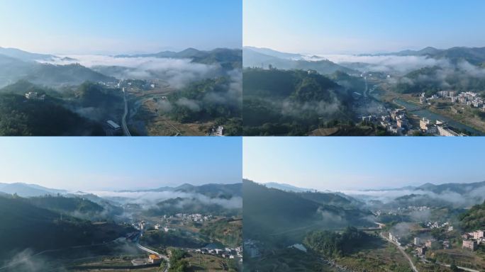 乡村清晨大雾大景航拍
