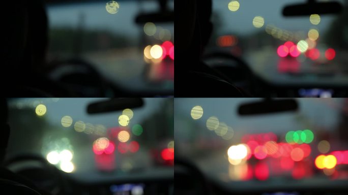 驾驶视角车灯霓虹细雨光斑唯美炫彩