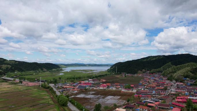 东北乡村，蓝天白云，绿水青山，航拍延时